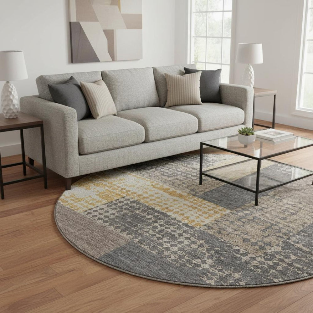 HomeRoots 8' Coffee Gold and Ivory Geometric Round Rug – Washable, UV-Protected, Stylish & Durable for Any Space 674925