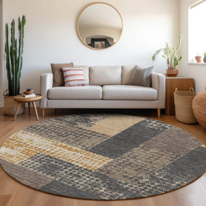 HomeRoots 8' Coffee Gold and Ivory Geometric Round Rug – Washable, UV-Protected, Stylish & Durable for Any Space 674925
