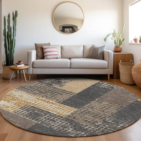 HomeRoots 8' Coffee Gold and Ivory Geometric Round Rug – Washable, UV-Protected, Stylish & Durable for Any Space 674925