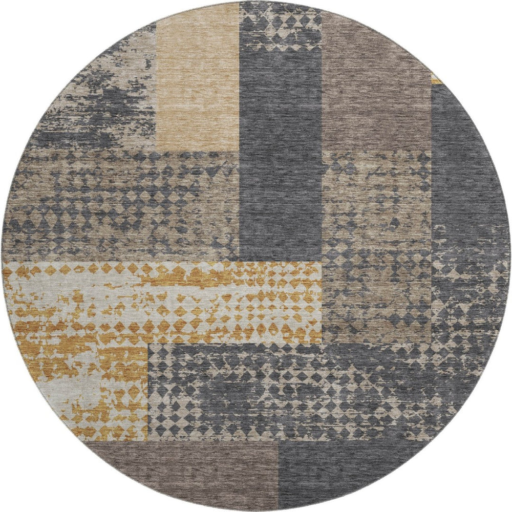 HomeRoots 8' Coffee Gold and Ivory Geometric Round Rug – Washable, UV-Protected, Stylish & Durable for Any Space 674925