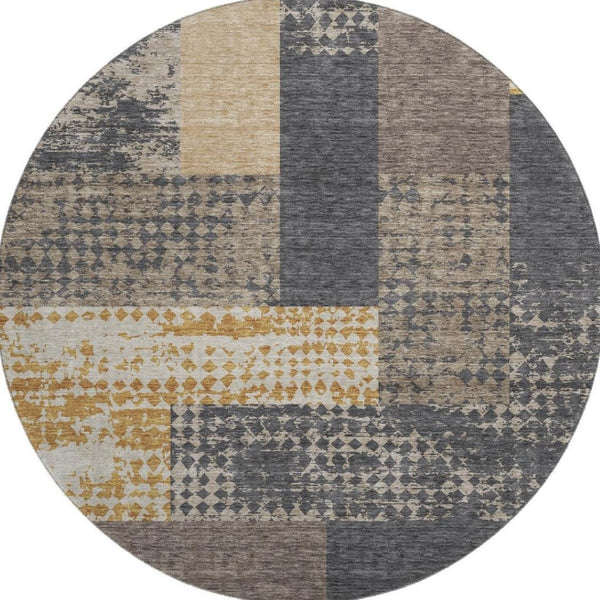 HomeRoots 8' Coffee Gold and Ivory Geometric Round Rug – Washable, UV-Protected, Stylish & Durable for Any Space 674925