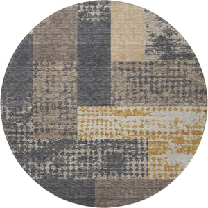 HomeRoots 8' Coffee Gold and Ivory Geometric Round Rug – Washable, UV-Protected, Stylish & Durable for Any Space 674925