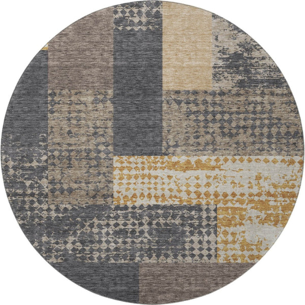 HomeRoots 8' Coffee Gold and Ivory Geometric Round Rug – Washable, UV-Protected, Stylish & Durable for Any Space 674925