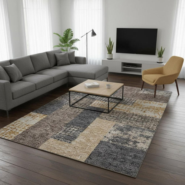 HomeRoots 10' X 14' Coffee Gold and Ivory Geometric Washable Area Rug - Durable, Stain-Resistant, UV Protected! 674928