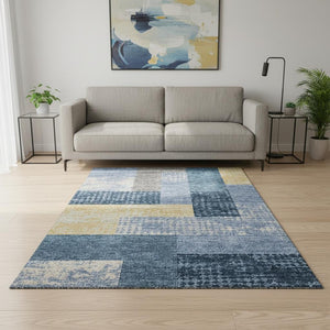 HomeRoots 5' X 8' Denim Blue Ivory Gold Geometric Area Rug – Washable, UV Resistant, Durable & Stylish Design 674930