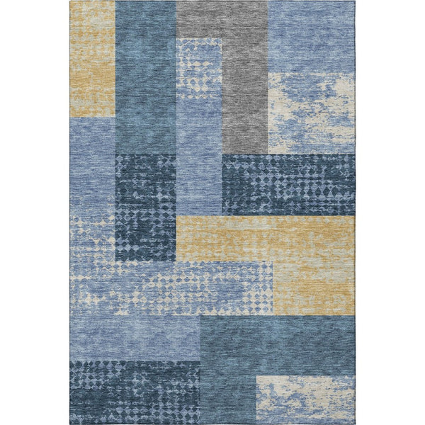 HomeRoots 5' X 8' Denim Blue Ivory Gold Geometric Area Rug – Washable, UV Resistant, Durable & Stylish Design 674930