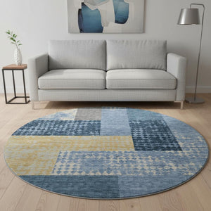 HomeRoots 8' Washable Round Rug in Denim Blue, Ivory & Gold - Geometric Design with UV Protection & Durability 674931
