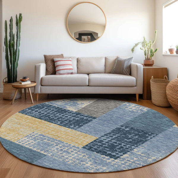 HomeRoots 8' Washable Round Rug in Denim Blue, Ivory & Gold - Geometric Design with UV Protection & Durability 674931