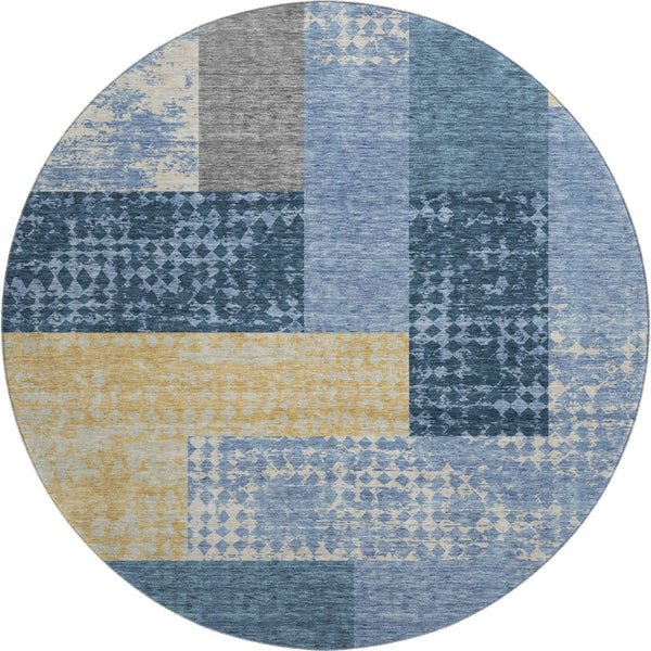 HomeRoots 8' Washable Round Rug in Denim Blue, Ivory & Gold - Geometric Design with UV Protection & Durability 674931