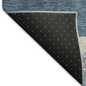 HomeRoots 8' Washable Round Rug in Denim Blue, Ivory & Gold - Geometric Design with UV Protection & Durability 674931