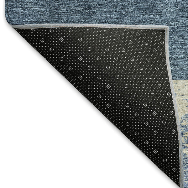 HomeRoots 8' Washable Round Rug in Denim Blue, Ivory & Gold - Geometric Design with UV Protection & Durability 674931