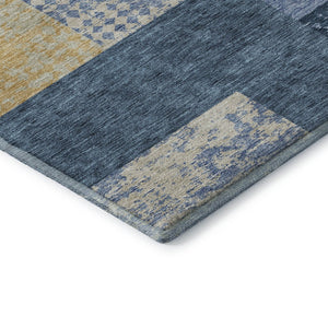 HomeRoots 8' Washable Round Rug in Denim Blue, Ivory & Gold - Geometric Design with UV Protection & Durability 674931