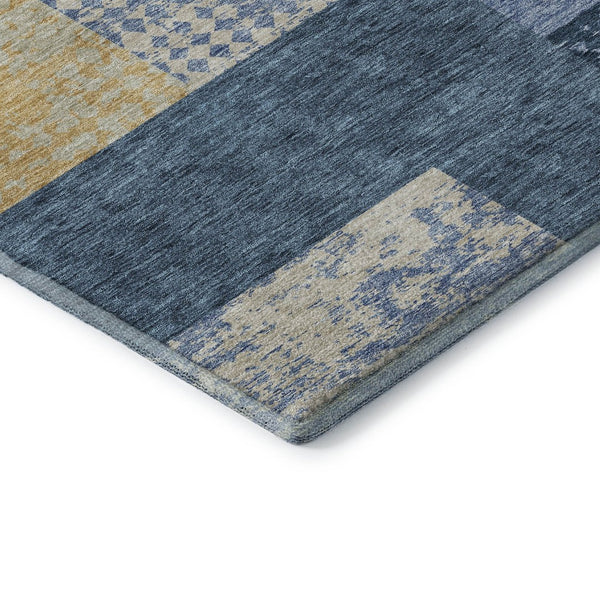 HomeRoots 8' Washable Round Rug in Denim Blue, Ivory & Gold - Geometric Design with UV Protection & Durability 674931
