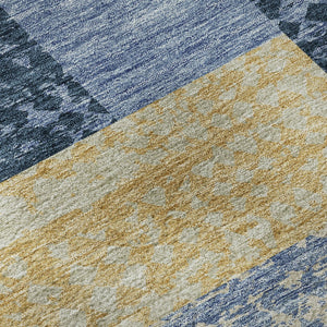 HomeRoots 8' Washable Round Rug in Denim Blue, Ivory & Gold - Geometric Design with UV Protection & Durability 674931