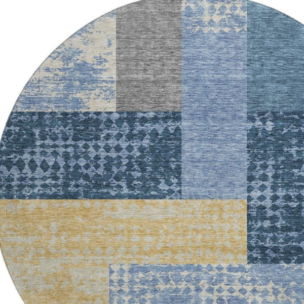 HomeRoots 8' Washable Round Rug in Denim Blue, Ivory & Gold - Geometric Design with UV Protection & Durability 674931