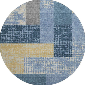 HomeRoots 8' Washable Round Rug in Denim Blue, Ivory & Gold - Geometric Design with UV Protection & Durability 674931