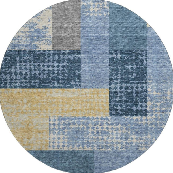 HomeRoots 8' Washable Round Rug in Denim Blue, Ivory & Gold - Geometric Design with UV Protection & Durability 674931