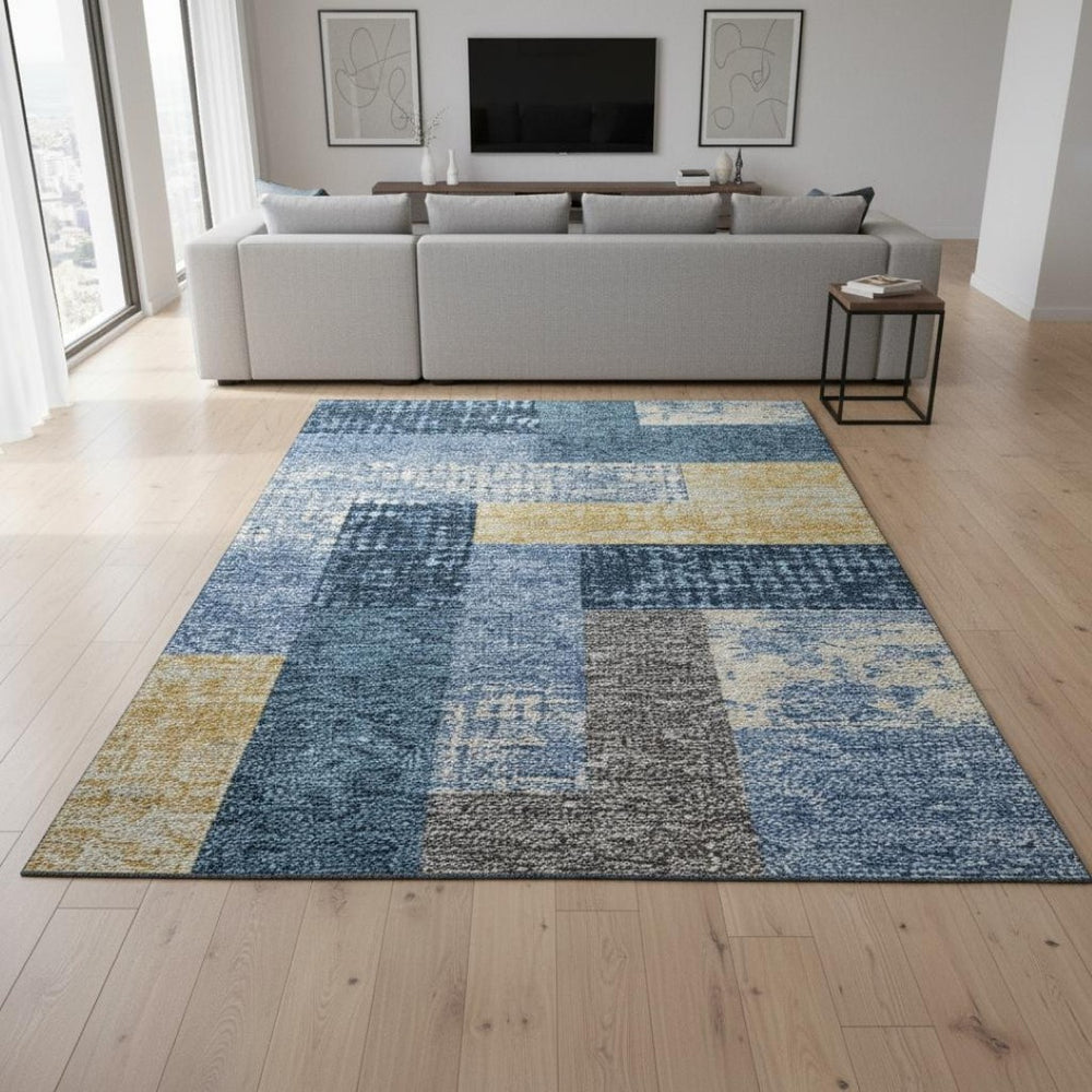 HomeRoots 8' X 10' Modern Geometric Denim Blue Ivory Gold Area Rug - Stain Resistant, UV Protected & Washable! 674932