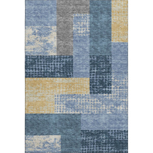 HomeRoots 8' X 10' Modern Geometric Denim Blue Ivory Gold Area Rug - Stain Resistant, UV Protected & Washable! 674932