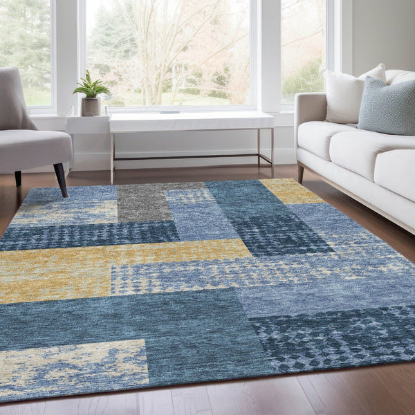 HomeRoots 8' X 10' Modern Geometric Denim Blue Ivory Gold Area Rug - Stain Resistant, UV Protected & Washable! 674932