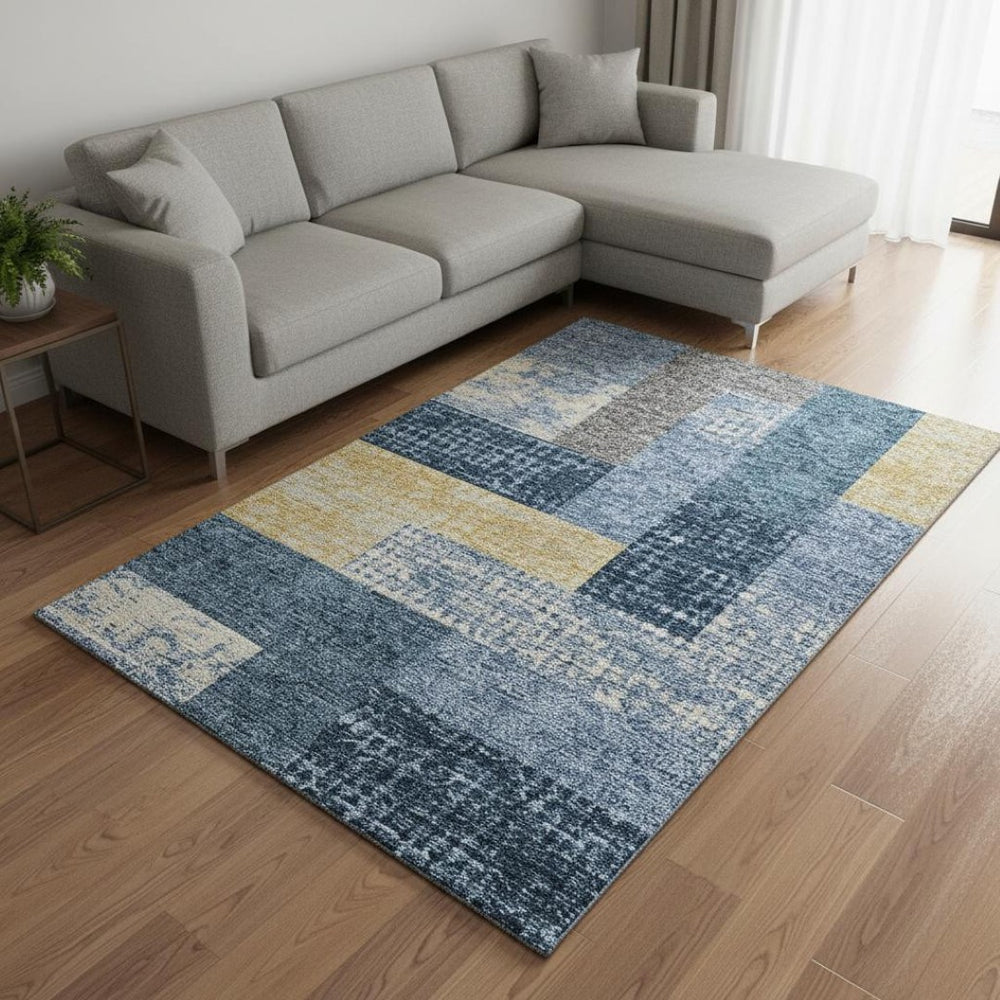 HomeRoots 9' X 12' Stylish Denim Blue Geometric Area Rug with UV Protection - Washable, Durable & Family-Friendly! 674933