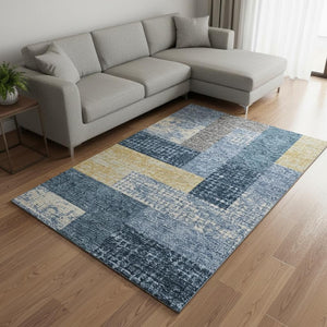 HomeRoots 9' X 12' Stylish Denim Blue Geometric Area Rug with UV Protection - Washable, Durable & Family-Friendly! 674933