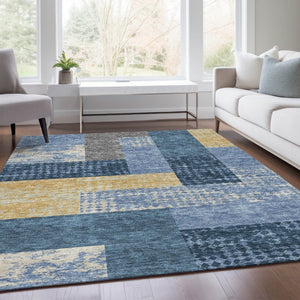 HomeRoots 9' X 12' Stylish Denim Blue Geometric Area Rug with UV Protection - Washable, Durable & Family-Friendly! 674933