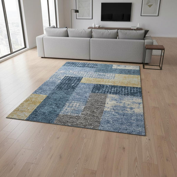 HomeRoots 10' X 14' Denim Blue Geometric Area Rug - Stylish, Washable, UV-Protected for Busy Homes & Pets 674934