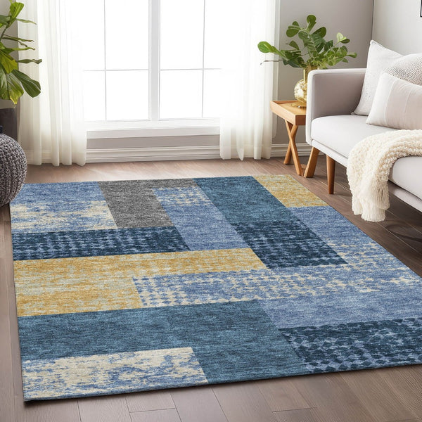 HomeRoots 10' X 14' Denim Blue Geometric Area Rug - Stylish, Washable, UV-Protected for Busy Homes & Pets 674934