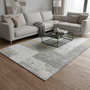HomeRoots 5' X 8' Stylish Gray Gold & Mint Green Geometric Area Rug - Washable, UV Protected & Pet Friendly! 674936