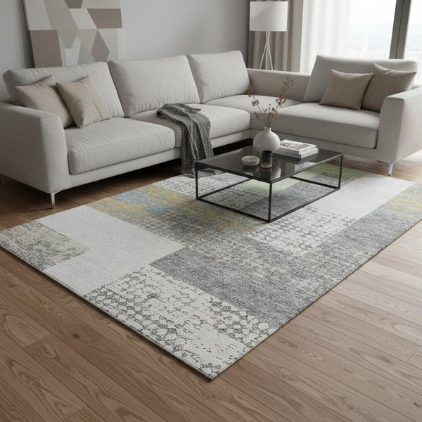 HomeRoots 5' X 8' Stylish Gray Gold & Mint Green Geometric Area Rug - Washable, UV Protected & Pet Friendly! 674936