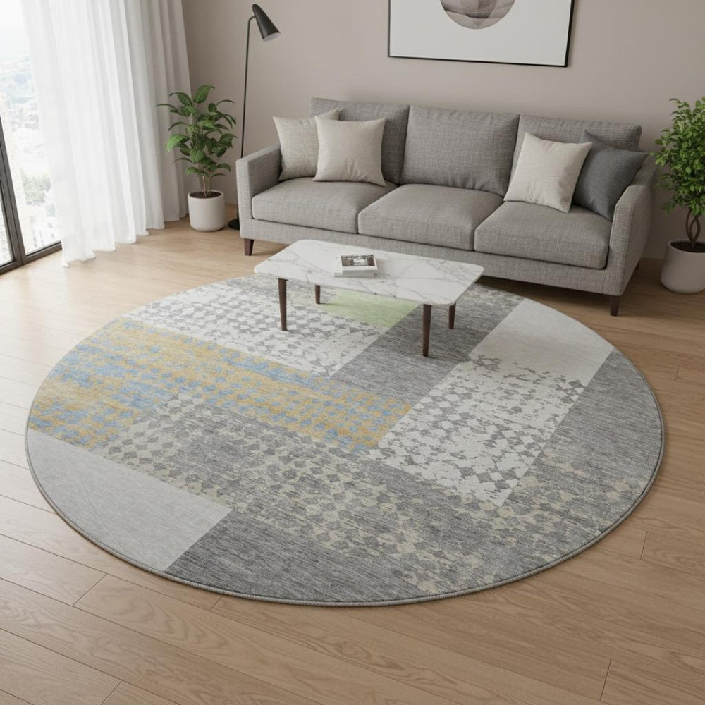 HomeRoots 8' Gray Gold and Mint Green Geometric Round Rug - Washable, Durable, UV Protected for Family Spaces 674937