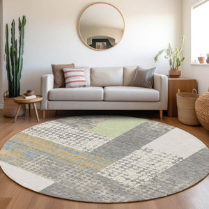 HomeRoots 8' Gray Gold and Mint Green Geometric Round Rug - Washable, Durable, UV Protected for Family Spaces 674937