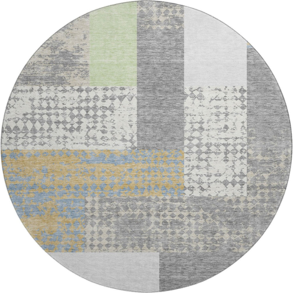 HomeRoots 8' Gray Gold and Mint Green Geometric Round Rug - Washable, Durable, UV Protected for Family Spaces 674937