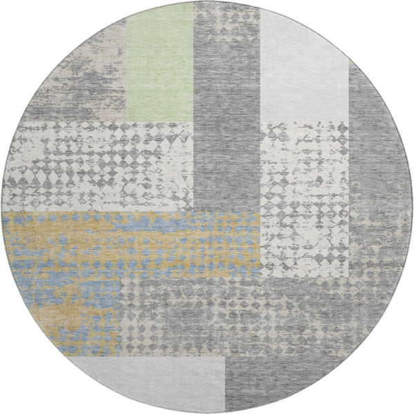 HomeRoots 8' Gray Gold and Mint Green Geometric Round Rug - Washable, Durable, UV Protected for Family Spaces 674937