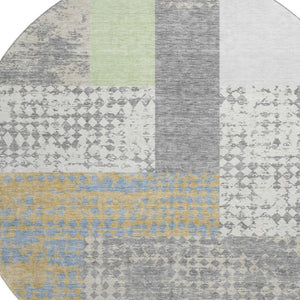 HomeRoots 8' Gray Gold and Mint Green Geometric Round Rug - Washable, Durable, UV Protected for Family Spaces 674937
