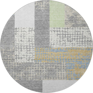 HomeRoots 8' Gray Gold and Mint Green Geometric Round Rug - Washable, Durable, UV Protected for Family Spaces 674937