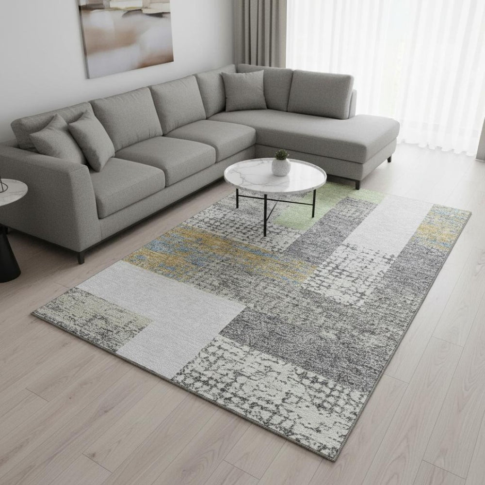 HomeRoots 8' X 10' Modern Gray Gold Mint Green Geometric Area Rug - Washable, UV Protected for Busy Homes 674938