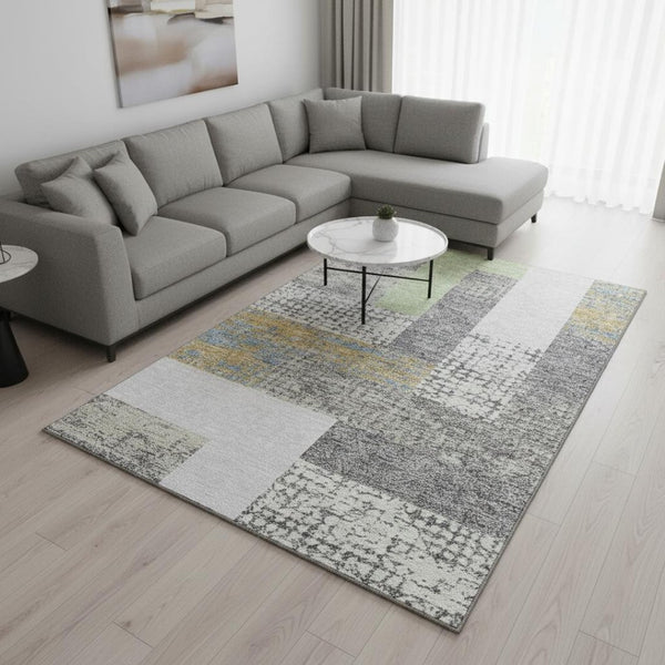 HomeRoots 8' X 10' Modern Gray Gold Mint Green Geometric Area Rug - Washable, UV Protected for Busy Homes 674938