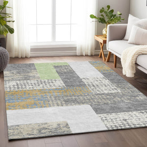 HomeRoots 8' X 10' Modern Gray Gold Mint Green Geometric Area Rug - Washable, UV Protected for Busy Homes 674938
