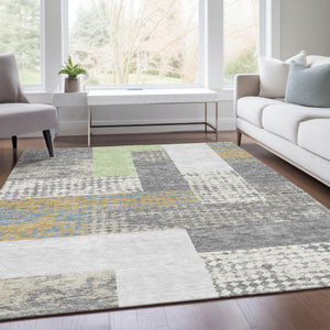 HomeRoots 8' X 10' Modern Gray Gold Mint Green Geometric Area Rug - Washable, UV Protected for Busy Homes 674938