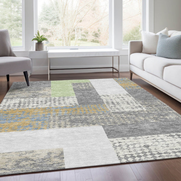 HomeRoots 8' X 10' Modern Gray Gold Mint Green Geometric Area Rug - Washable, UV Protected for Busy Homes 674938
