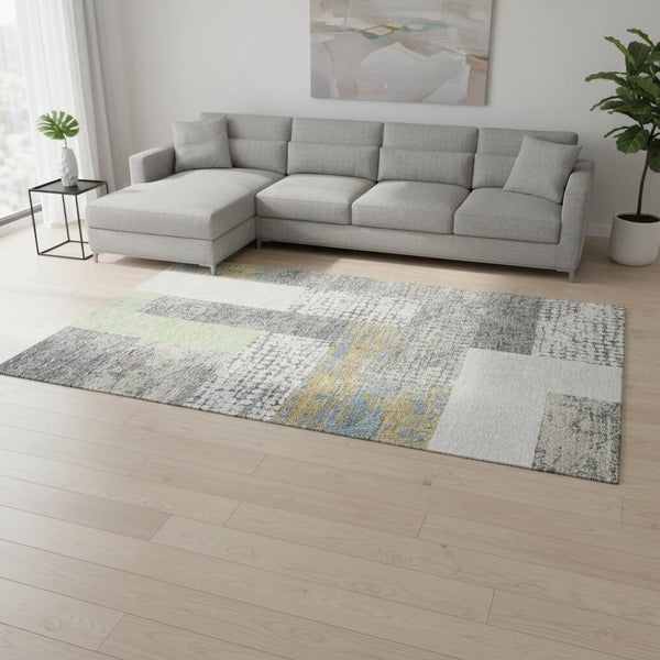 HomeRoots 9' X 12' Geometric Washable Area Rug in Gray, Gold & Mint Green - Durable, Stain Resistant & UV Protected 674939