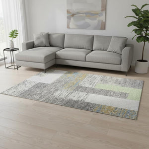 HomeRoots 10' Geometric Washable Area Rug in Gray, Gold & Mint Green - UV Protected, Durable for High Traffic Spaces 674940