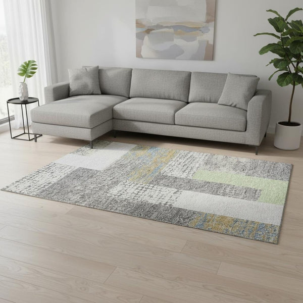 HomeRoots 10' Geometric Washable Area Rug in Gray, Gold & Mint Green - UV Protected, Durable for High Traffic Spaces 674940