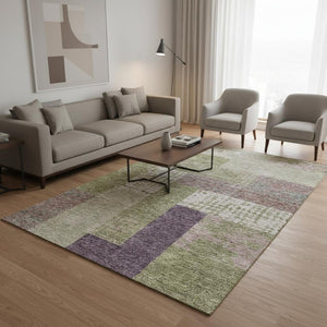 HomeRoots 5' Geometric Area Rug in Green, Ivory & Purple - Washable, UV-Protected, Durable for High Traffic Spaces 674942