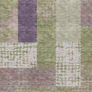 HomeRoots 5' Geometric Area Rug in Green, Ivory & Purple - Washable, UV-Protected, Durable for High Traffic Spaces 674942
