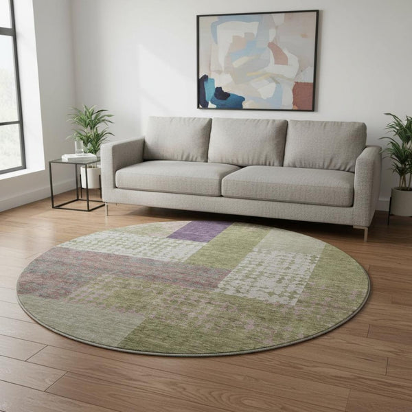 HomeRoots 8' Green Ivory And Purple Geometric Round Rug - Washable, UV-Protected, Stylish & Durable Floor Accent 674943