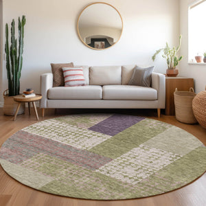 HomeRoots 8' Green Ivory And Purple Geometric Round Rug - Washable, UV-Protected, Stylish & Durable Floor Accent 674943