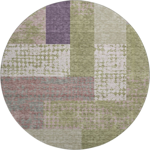 HomeRoots 8' Green Ivory And Purple Geometric Round Rug - Washable, UV-Protected, Stylish & Durable Floor Accent 674943
